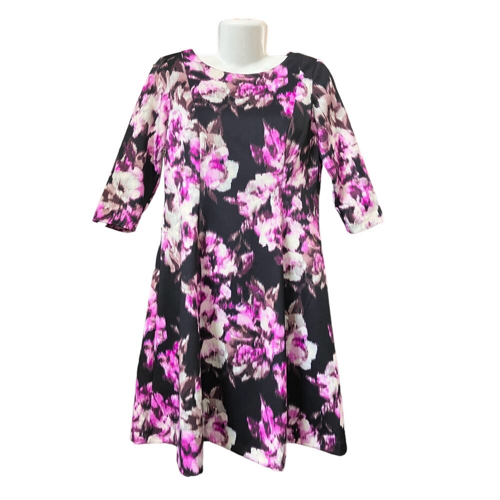 Jessica Howard Woman's Black W/Floral 3/4 Sleeve Fit & Flair Dress SZ 12P Petite